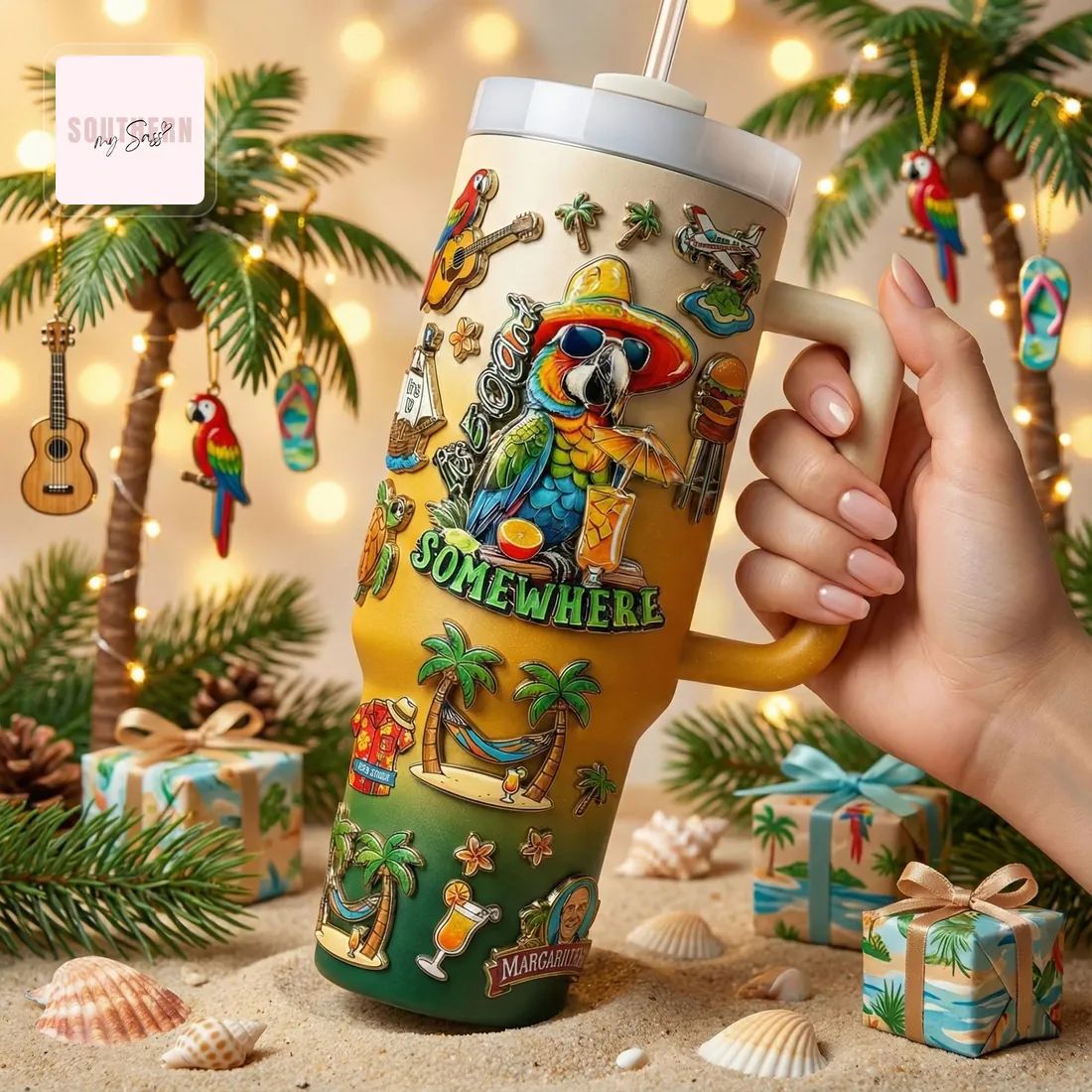 Margaritaville Tropical Paradise Embossed Handled Tumbler
