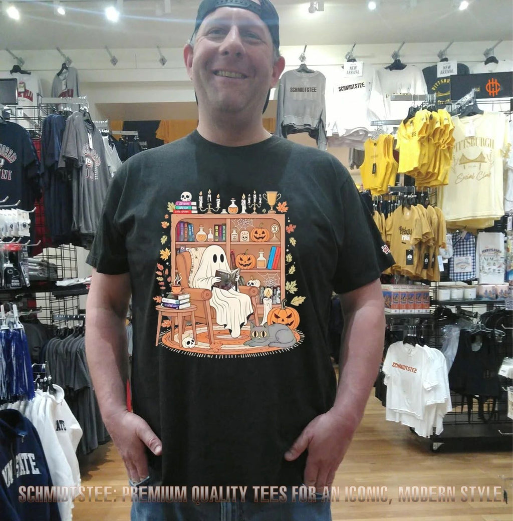 Cozy ghost reading with cat Halloween shirt