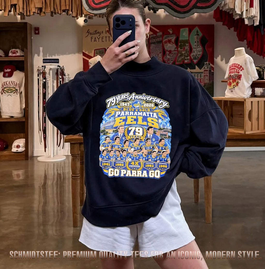 Parramatta Eels 79 years Anniversary 1947-2026 Blue and Gold go Parra go shirt