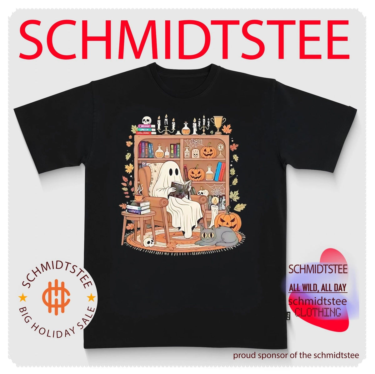 Cozy ghost reading with cat Halloween shirt