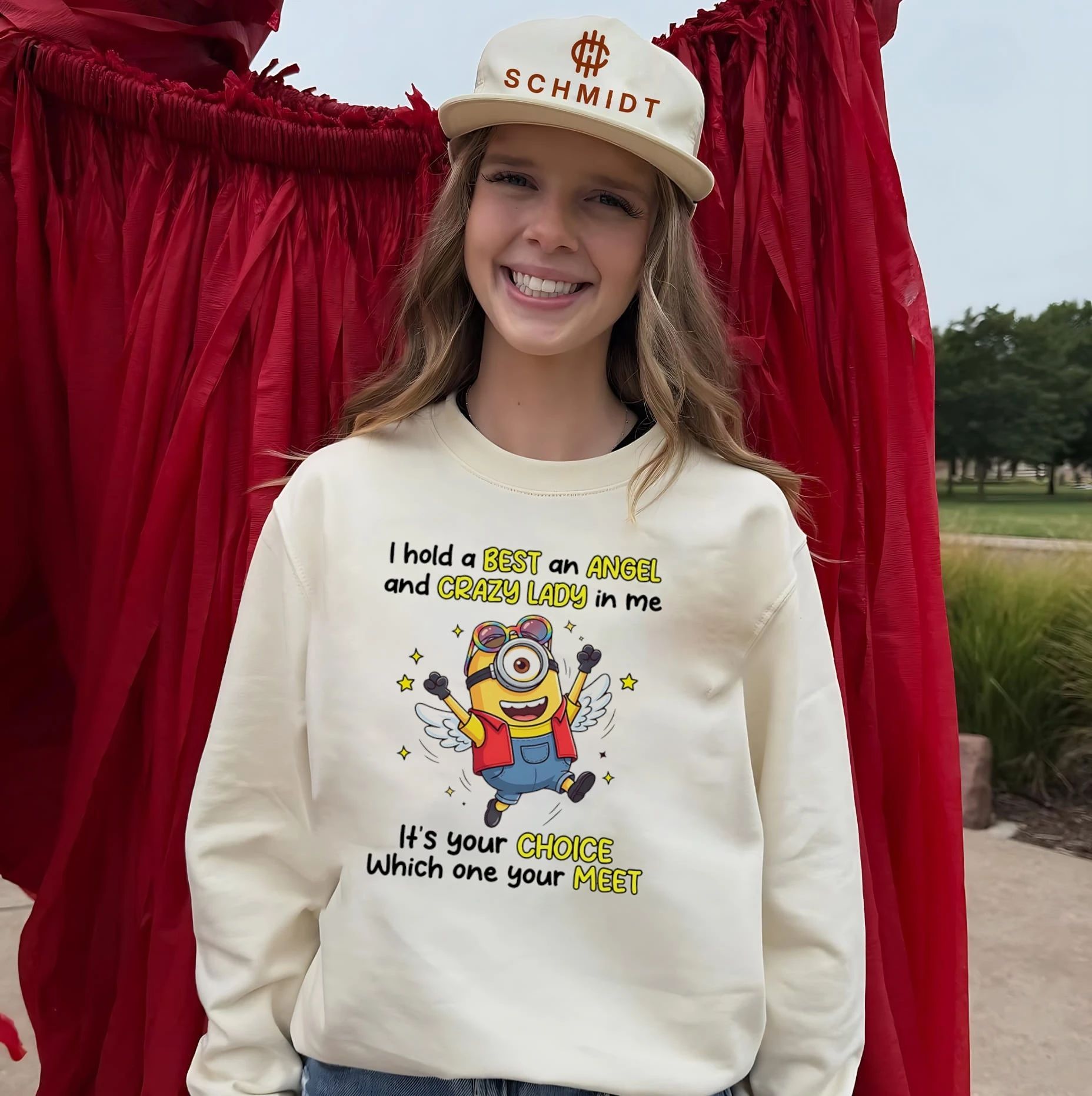 I hold a best an angel and crazy lady in me it’s your choice which one Minion shirt