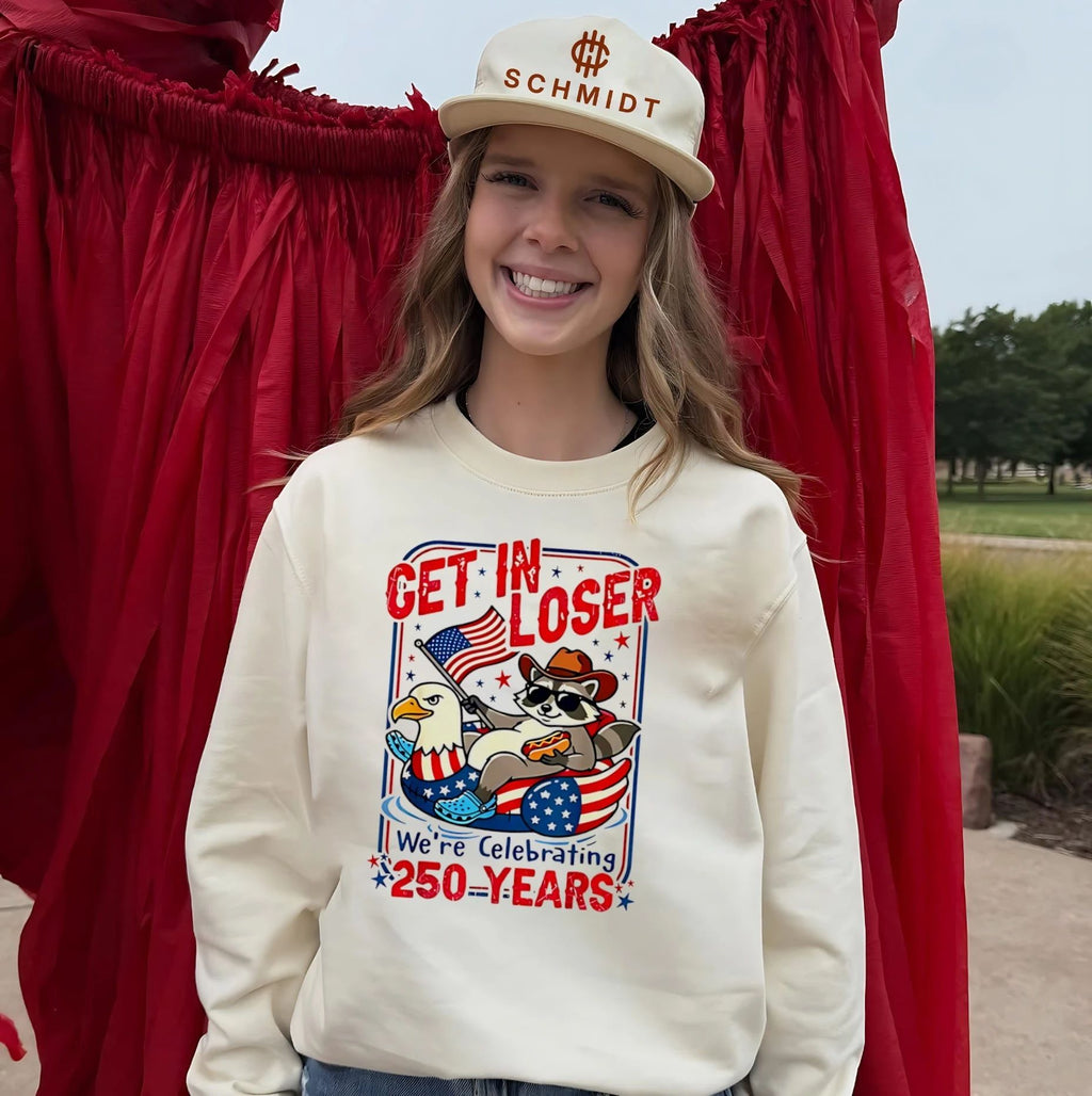 Get in loser we’re celebrating 250 years cartoon racoon shirt