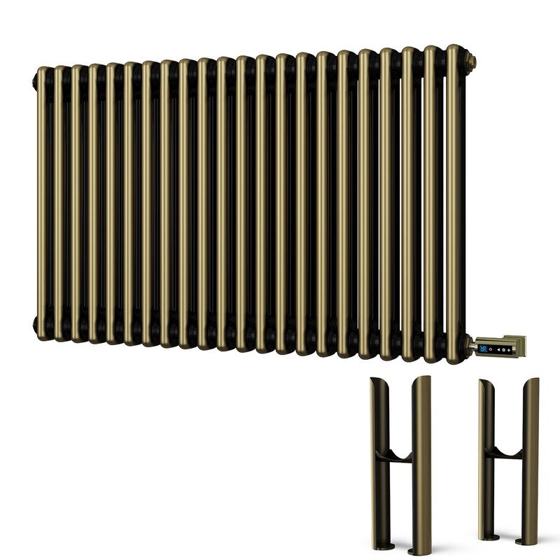 Alpha – Antique Brass Column Electric Radiator H600mm x W988mm 2 Column 900w Thermostatic WIFI – Feet Included