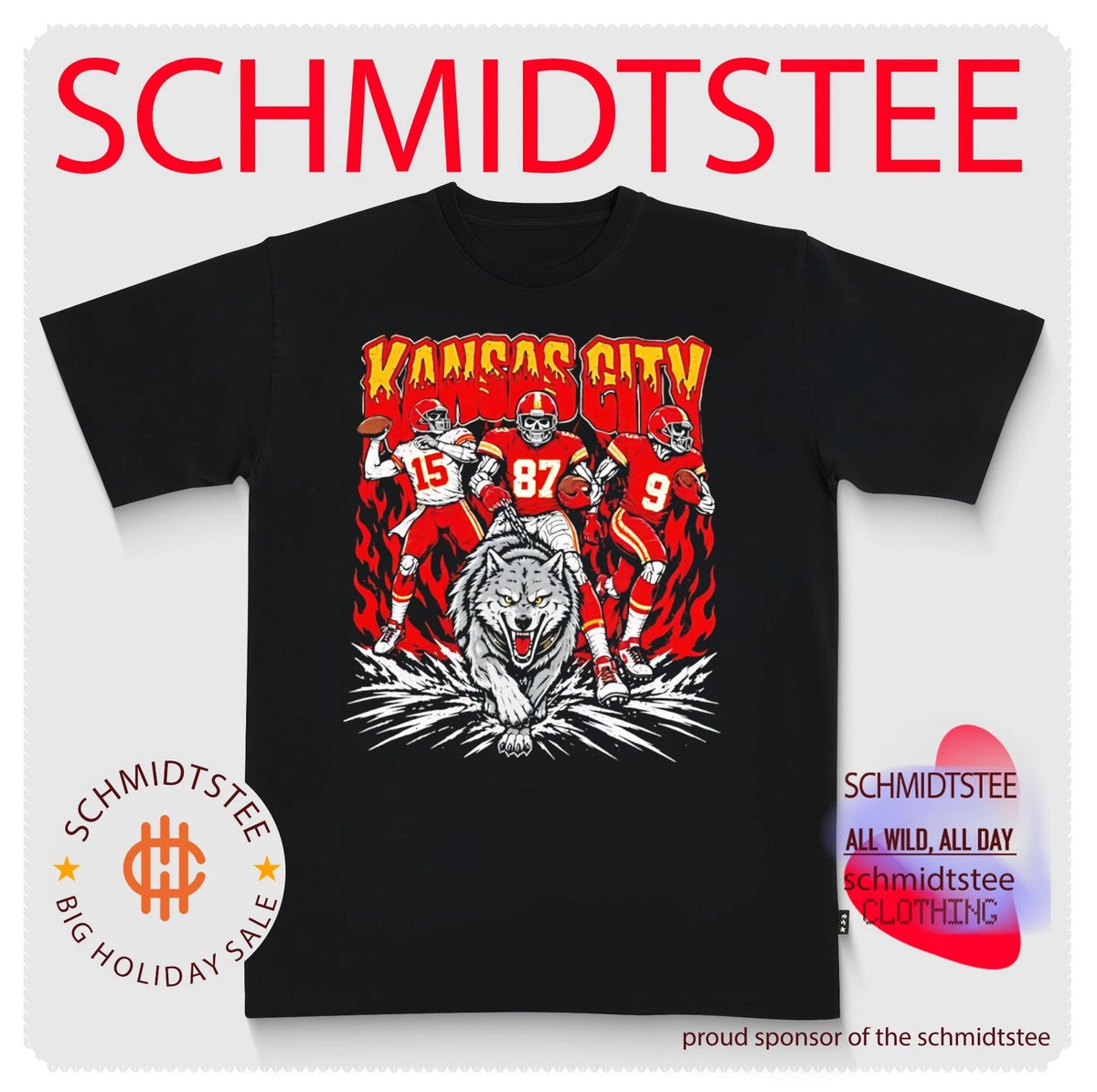 Kansas City Chiefs players and wolf illustration shirt