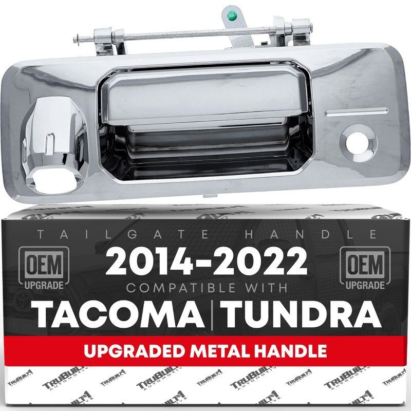 Tailgate Handle Assembly, Upgraded Metal – Compatible with 2014-2022 Toyota Tacoma, Toyota Tundra – Exterior Lift Gate Latch – Chrome W/Camera Hole, LED Hole – OEM 69090-0C090-Metal Chrome, 97982 – Chrome Tailgate Handle