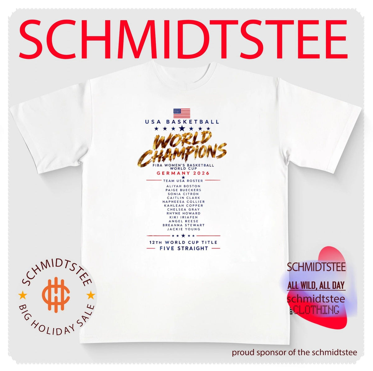 USA Basketball FIBA World Cup Champions 2026 12th World Cup Title Five Straight player name shirt