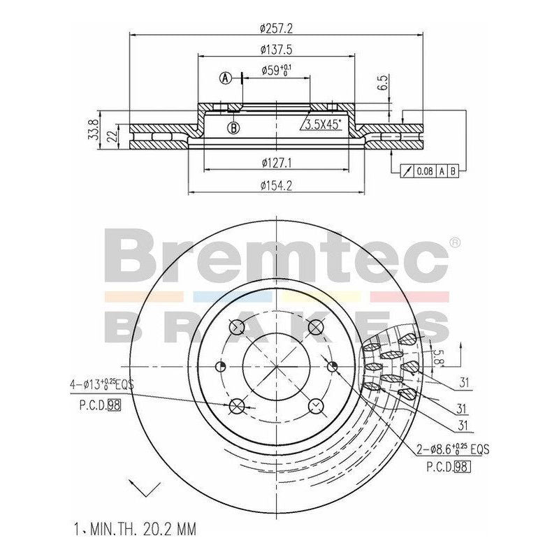 Bremtec Euro-Line Disc Brake Rotor (Pair) 257.2mm BDR10840EL