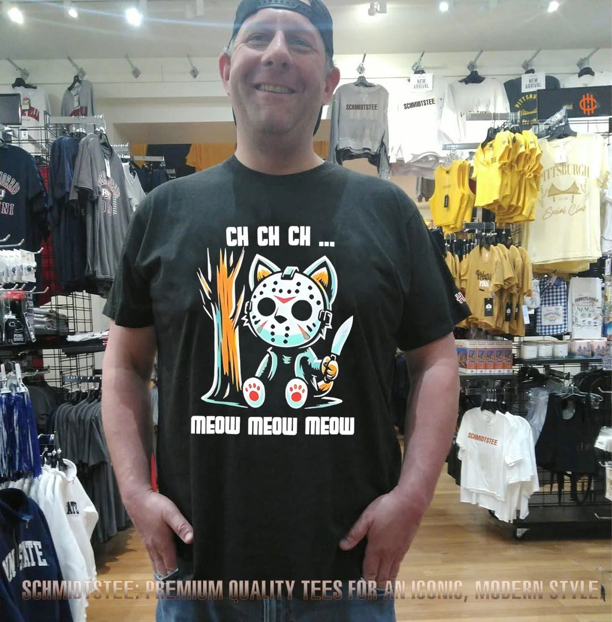 Cat wearing Jason Voorhees mask ch ch ch meow meow meow Halloween shirt