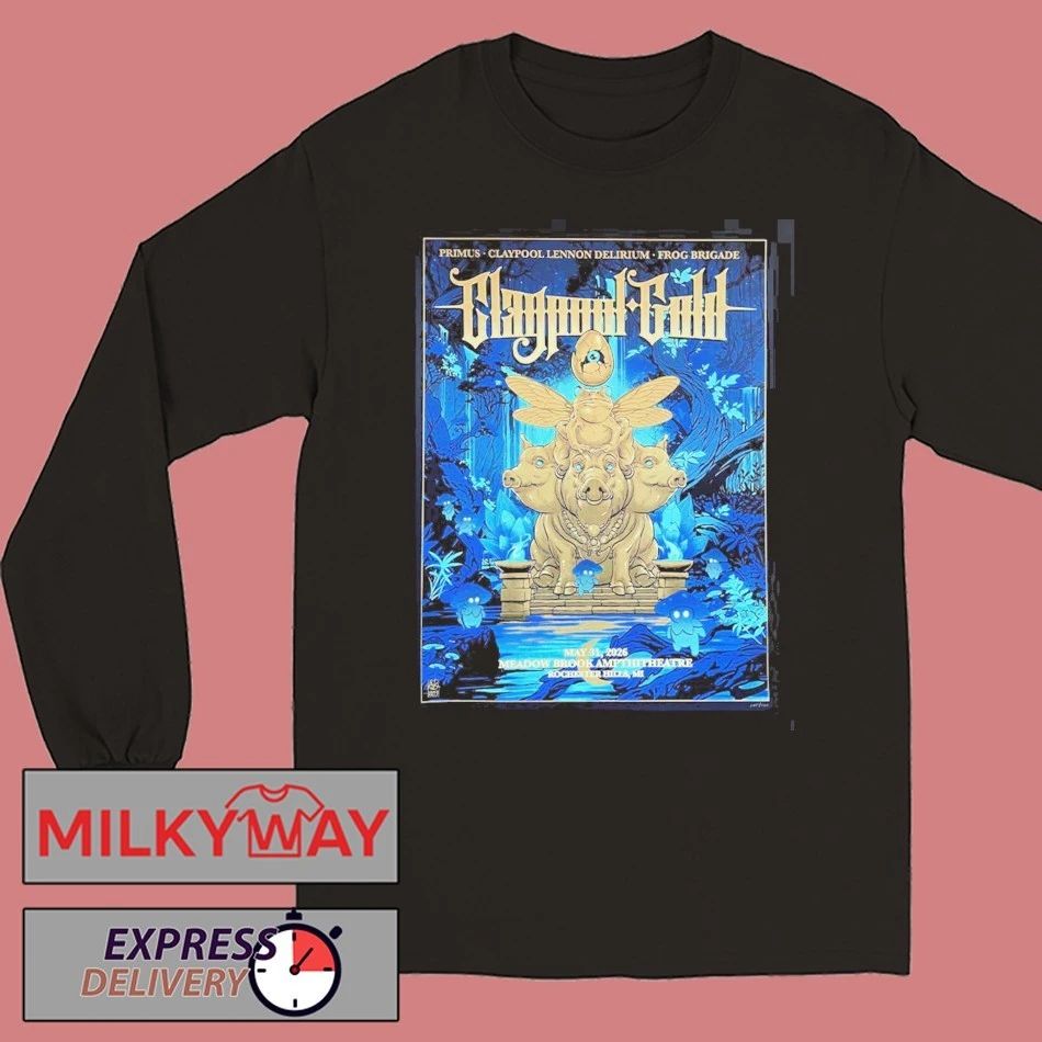 Claypool Gold Primus Claypool Lennon Delirium And Frog Brigade Rochester Hills Michigan 2026 Venue Poster At Meadow Brook Amphitheatre On May 31 2026 T-Shirt