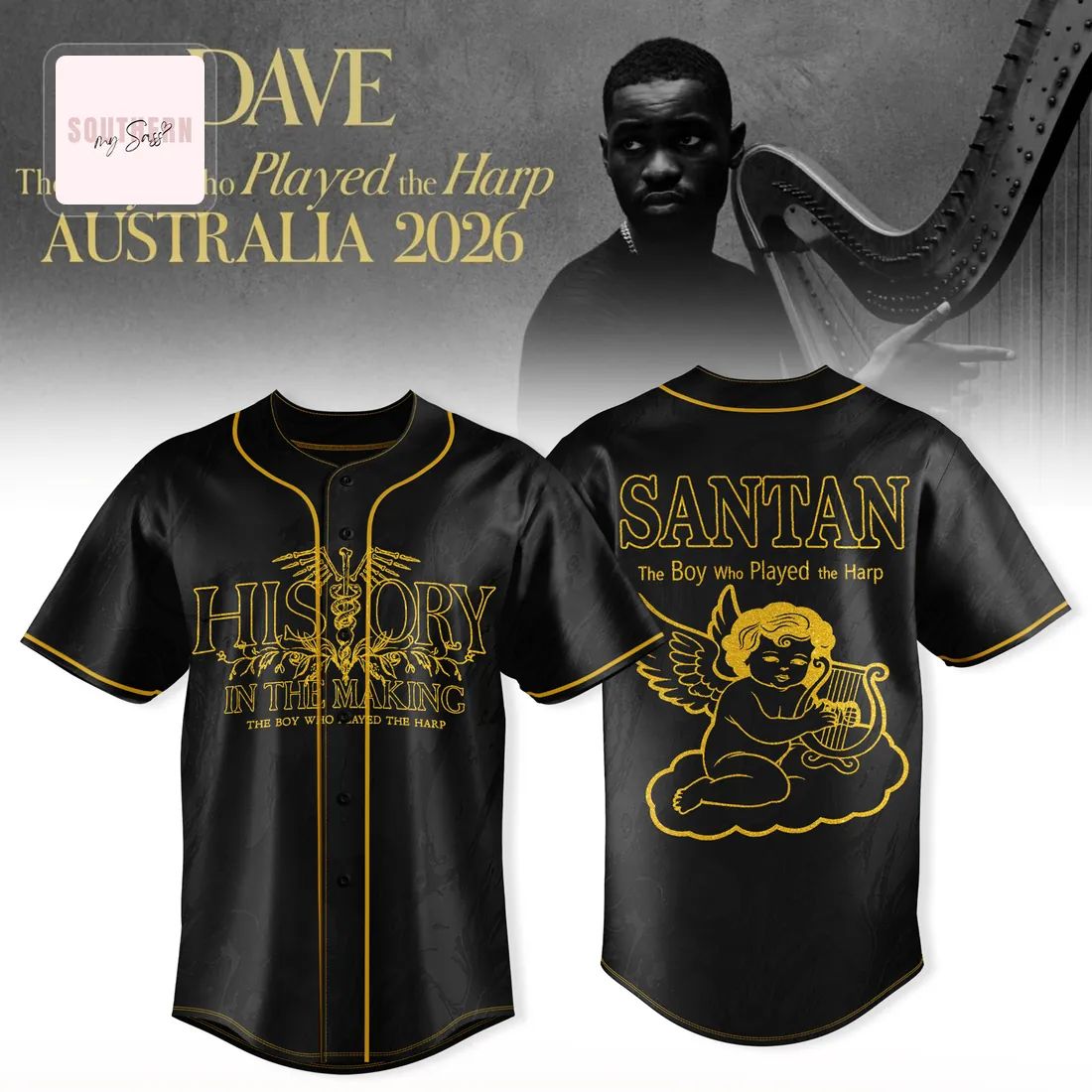 Dave Santan The Boy Who Played the Harp Australia 2026 Tour Commemorative Black and Gold Baseball Jersey