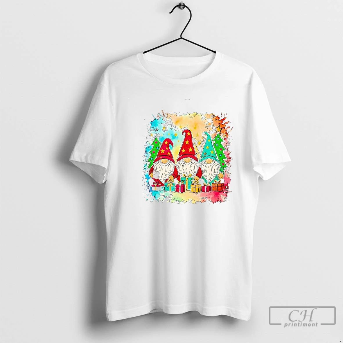 Classic Gnomes With Presents And Trees Watercolor Splash Christmas T Shirts