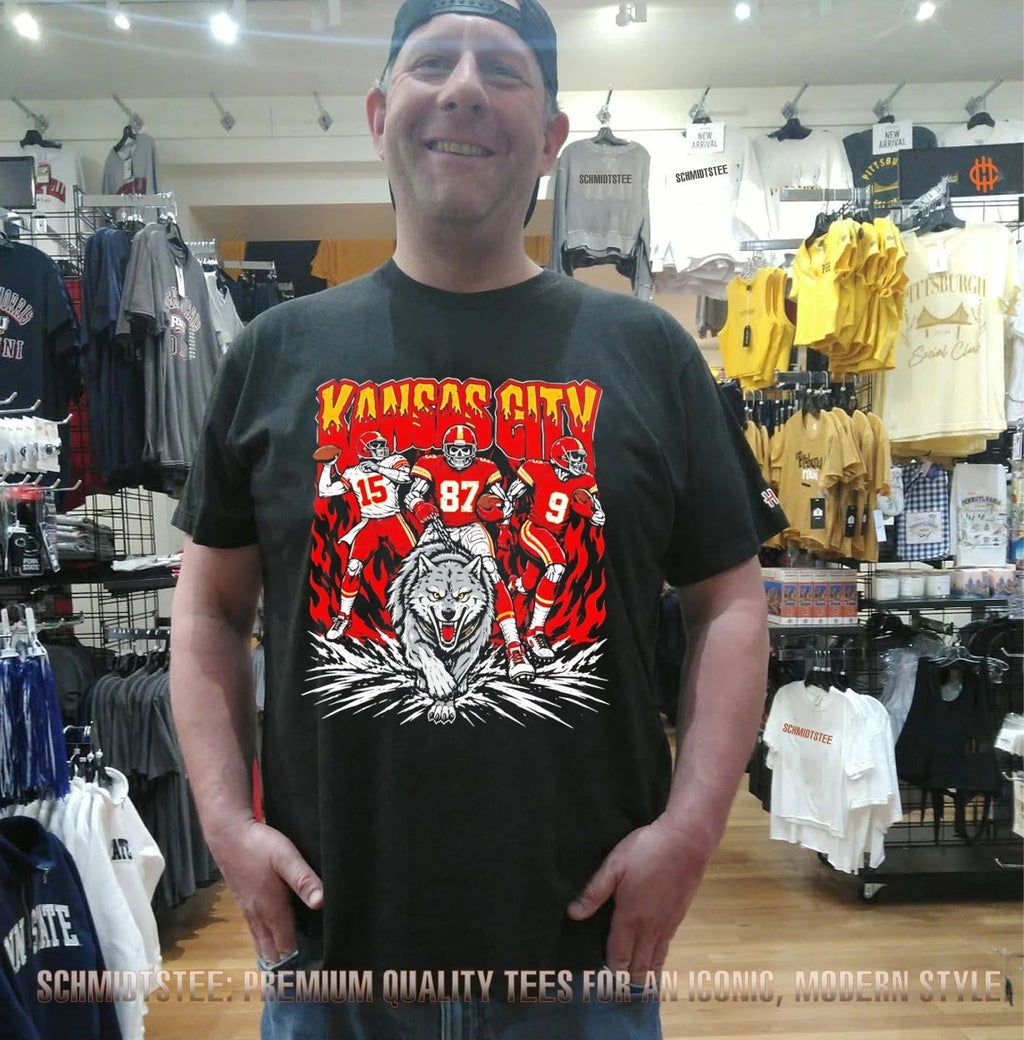 Kansas City Chiefs players and wolf illustration shirt