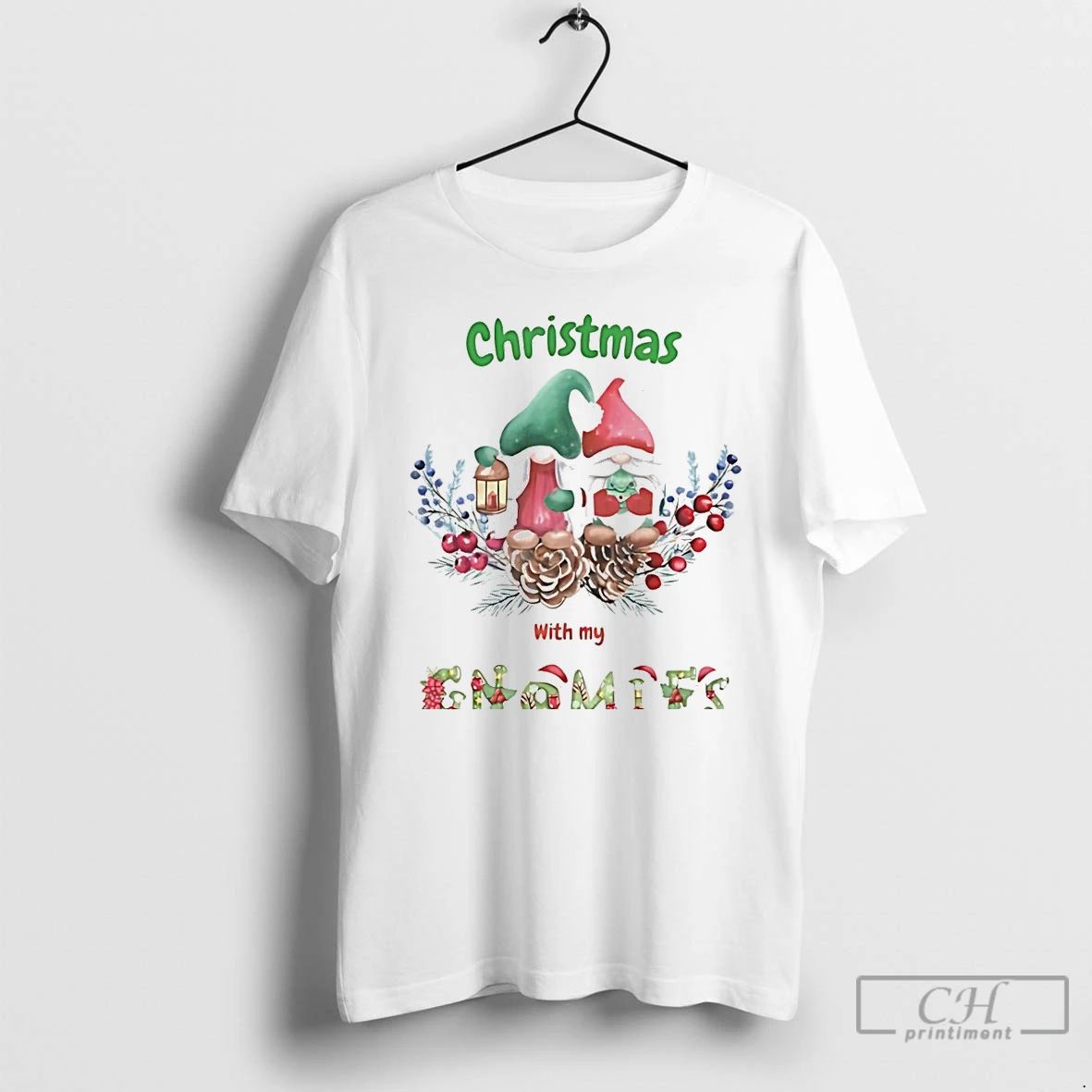 Classic Christmas With My Gnomies Pinecones And Holly Watercolor White T Shirts