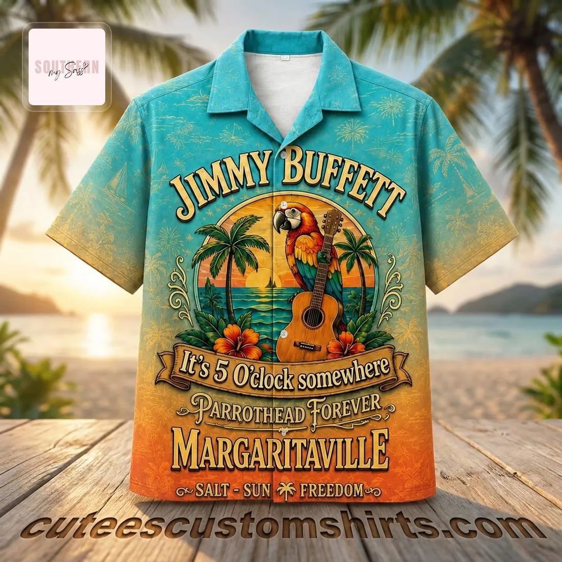 Jimmy Buffett Margaritaville Parrothead Tropical Sunset Beach Hawaiian Shirt
