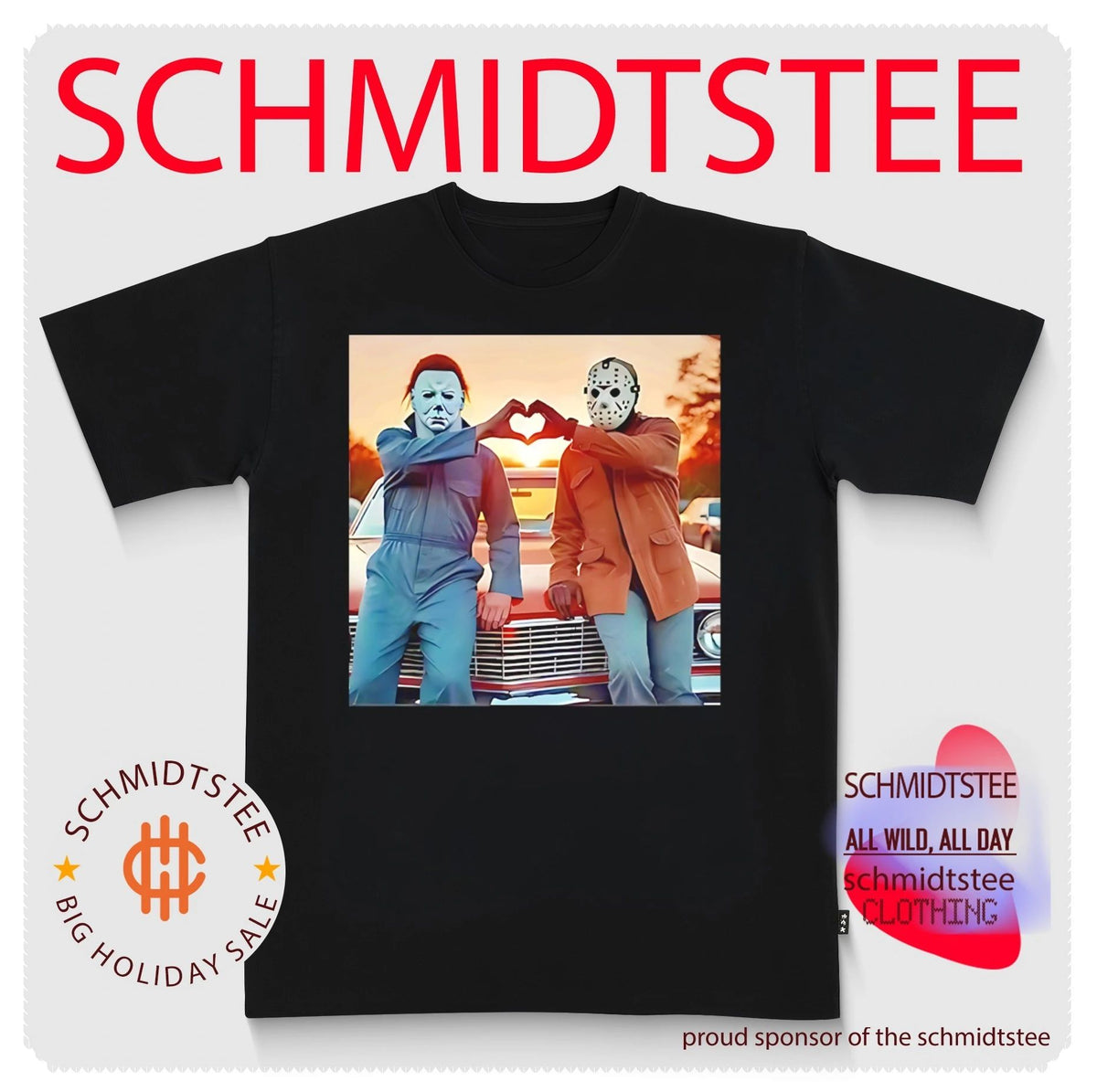 Jason Voorhees and Michael Myers doing heart sign Halloween shirt
