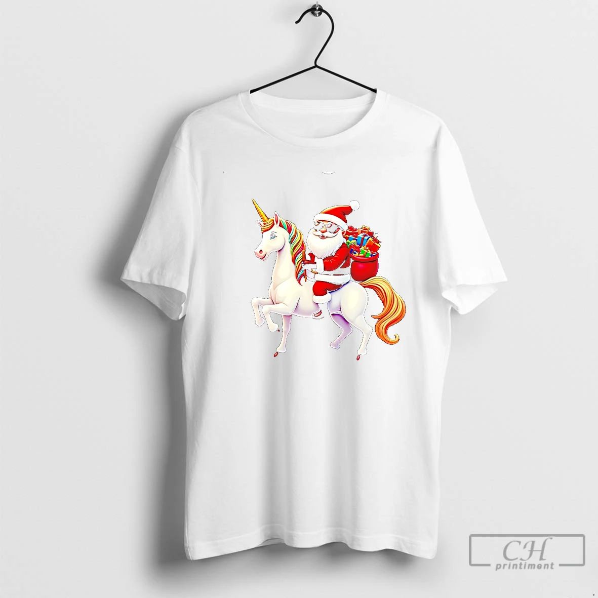 Classic Cool Santa Riding Unicorn With Gifts Rainbow Christmas T Shirts