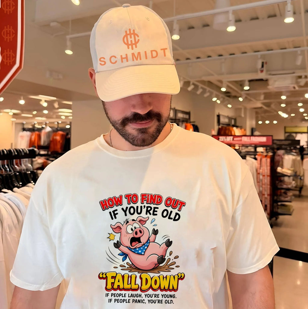 How to find out if you’re old fail down if people laugh cartoon pig illustration shirt