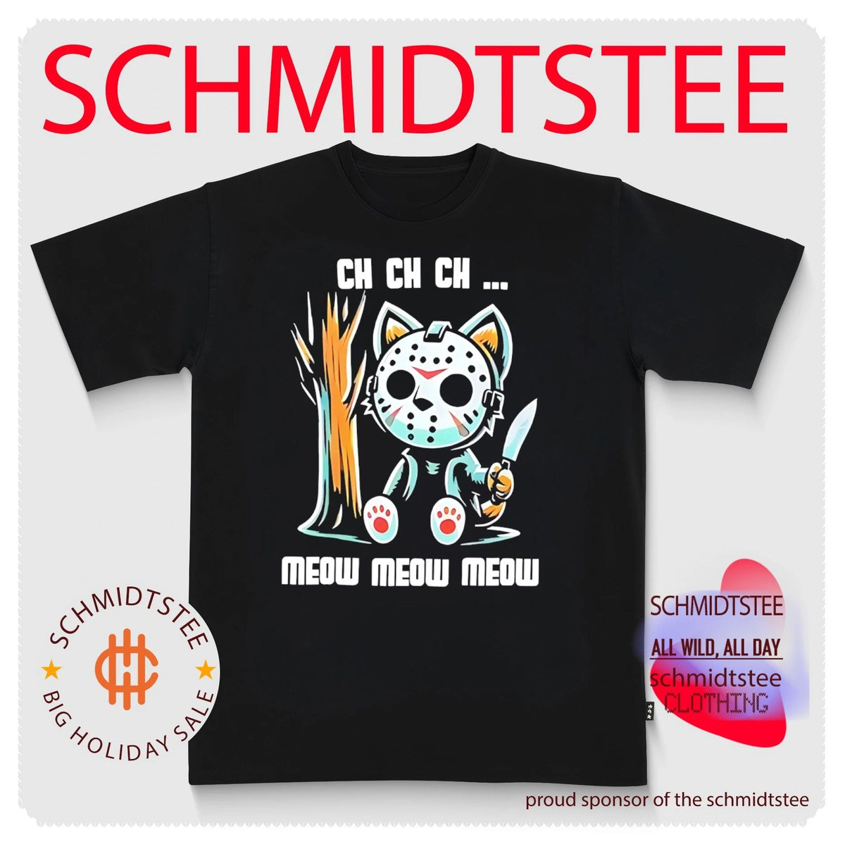 Cat wearing Jason Voorhees mask ch ch ch meow meow meow Halloween shirt