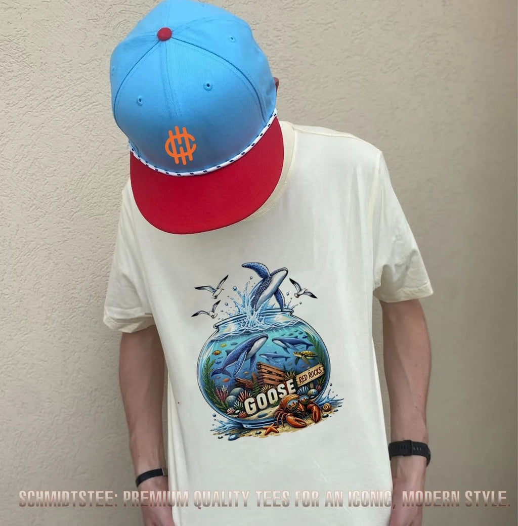 Red rocks goose whales sea turtle crab fishbowl illustrated shirt