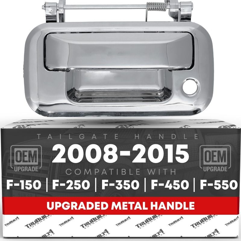 T1A Tailgate Handle Latch, Upgraded Metal – Compatible with 2008-2015 Ford F-150, F-250, F-350, F-450, F-550 Super Duty, 08-15 Ford Lobo – All Chrome w/Keyhole – OEM 8L3Z-9943400-ACHMT, 91077M