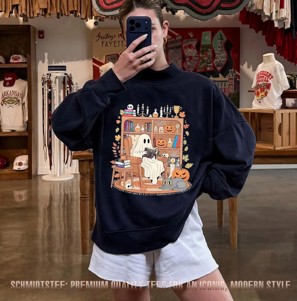 Cozy ghost reading with cat Halloween shirt