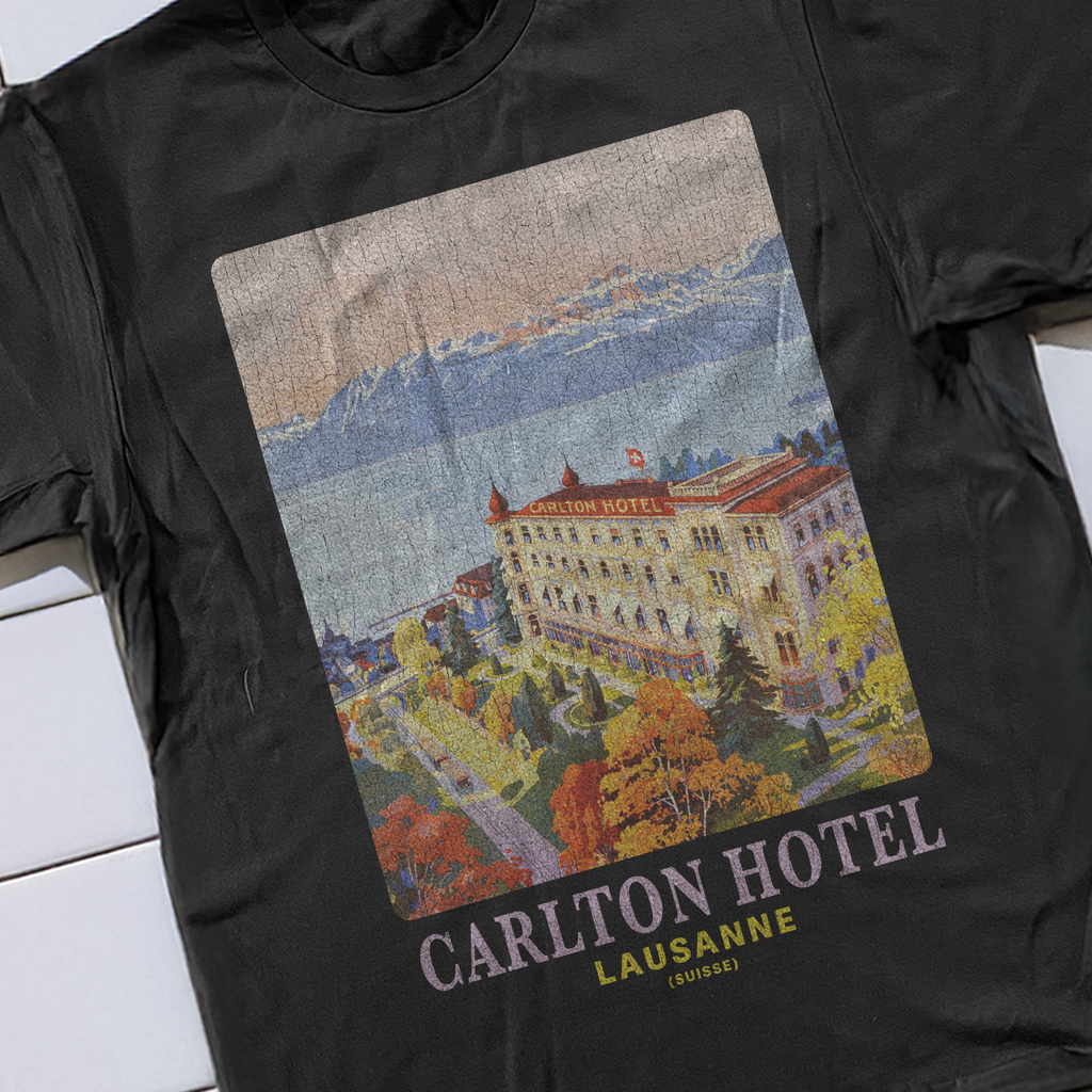 90s LAUSANNE 'CARLTON HOTEL' RARE WASHED BLACK T-SHIRT Hoodie, Sweatshirt | CoreVibeTees.com (Image 2)