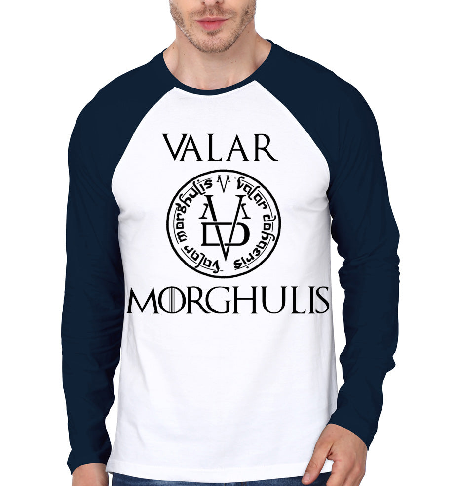 Valar Morghulis White And Navy Blue Raglan T-Shirt Hoodie, Sweatshirt | CoreVibeTees.com