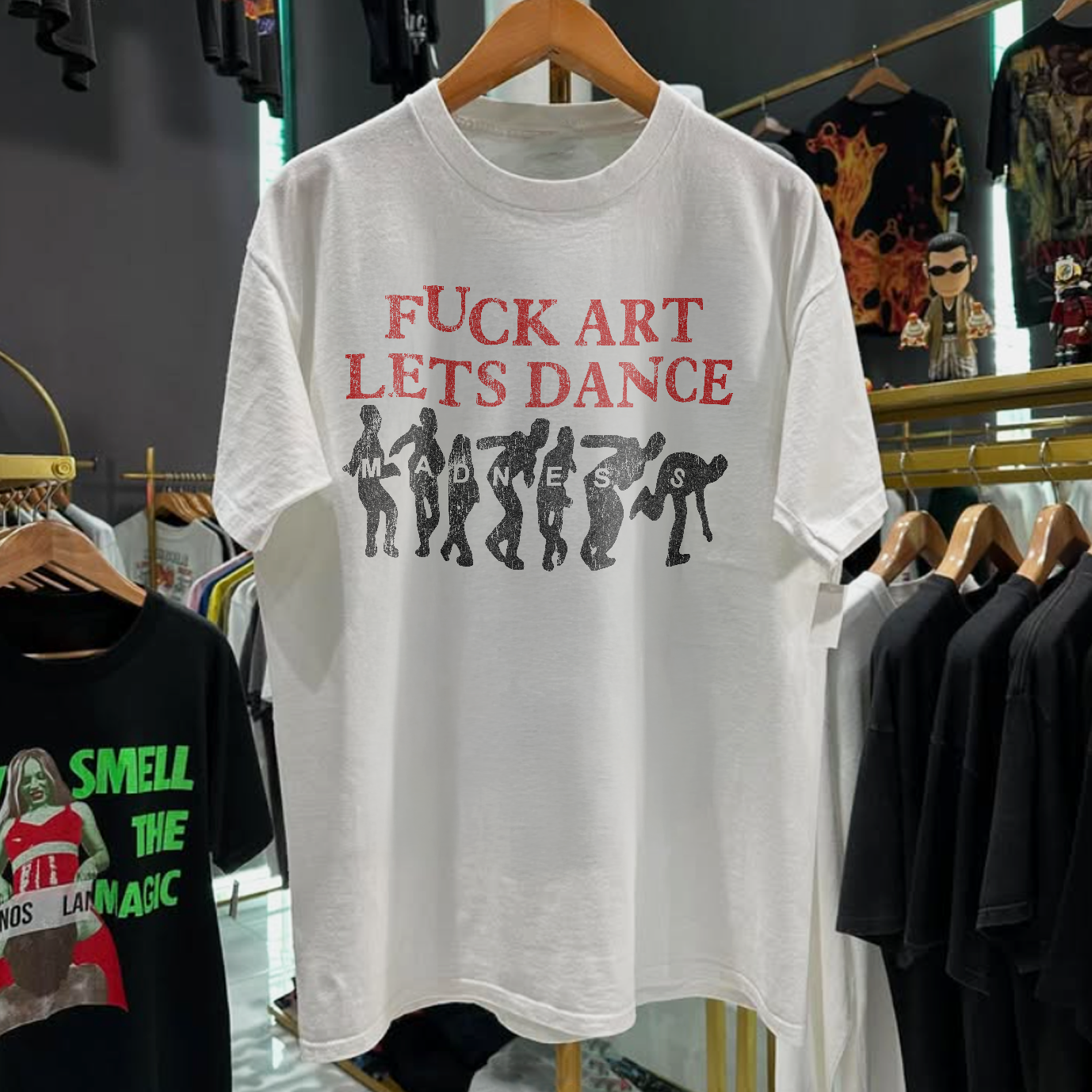 90s MADNESS 'F*CK ART, LETS DANCE' RARE WASHED WHITE T-SHIRT Hoodie, Sweatshirt | CoreVibeTees.com (Image 1)