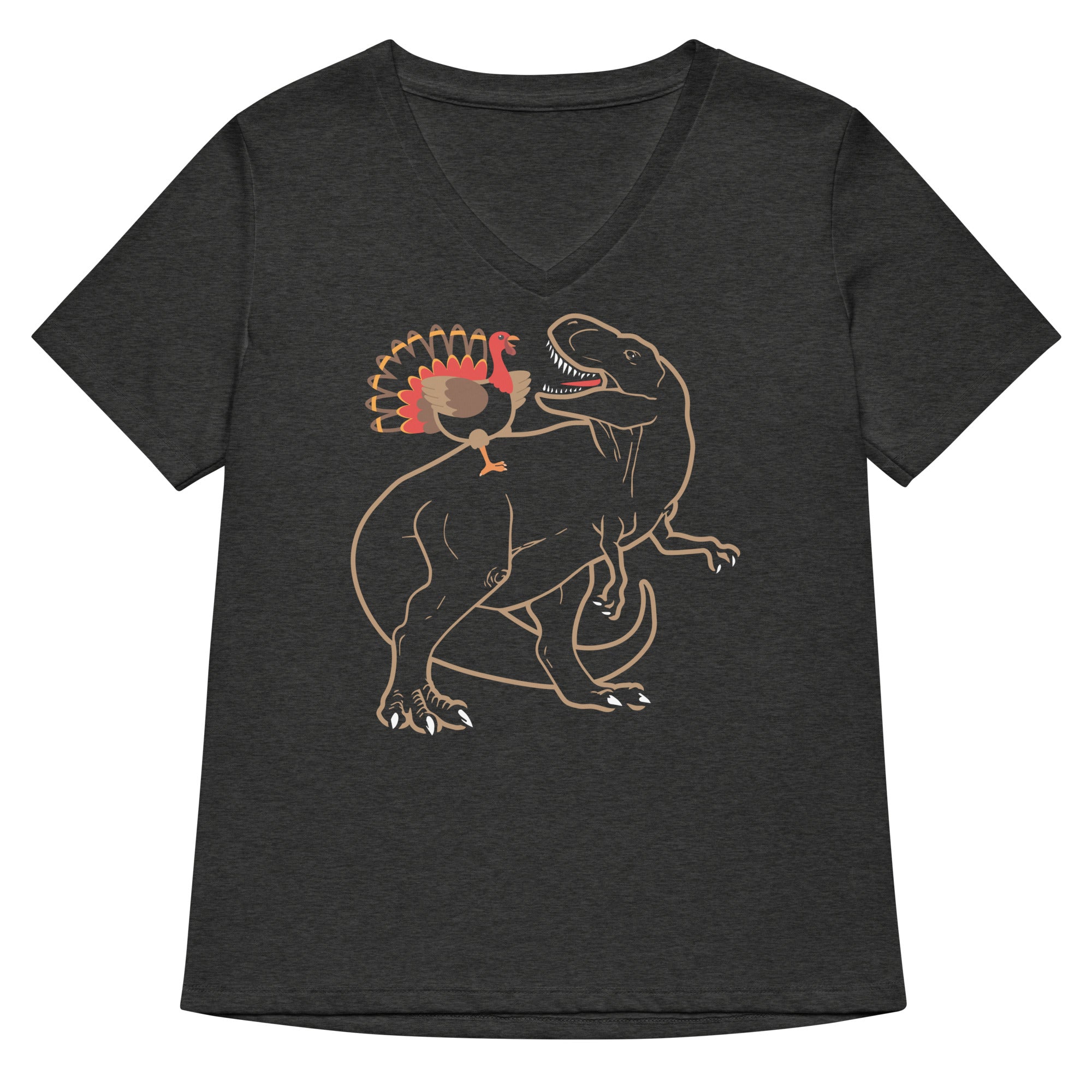 Turkey Riding T-Rex Women's V-Neck Tee Hoodie, Sweatshirt | CoreVibeTees.com (Image 3)