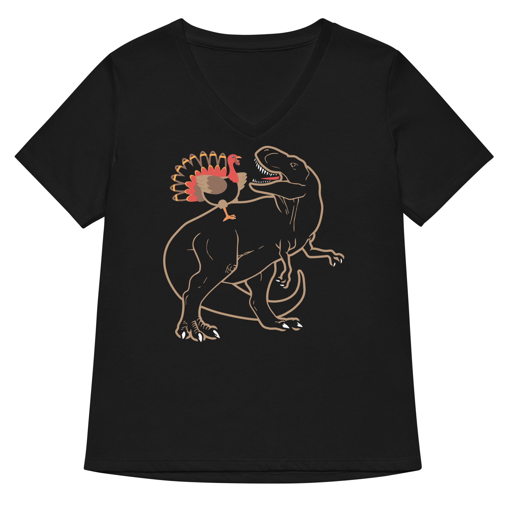 Turkey Riding T-Rex Women's V-Neck Tee Hoodie, Sweatshirt | CoreVibeTees.com (Image 1)