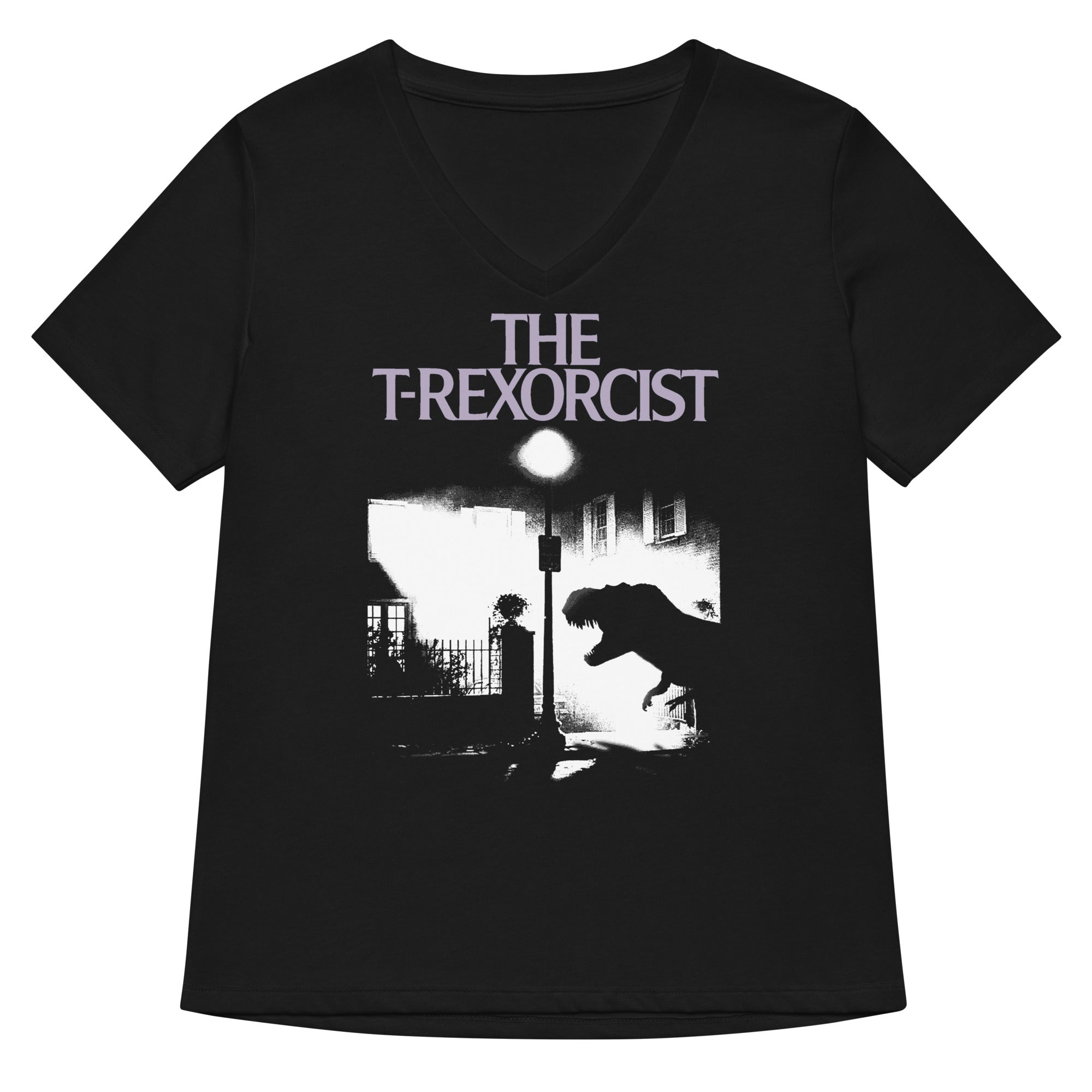 The T-Rexorcist Women's V-Neck Tee Hoodie, Sweatshirt | CoreVibeTees.com (Image 1)