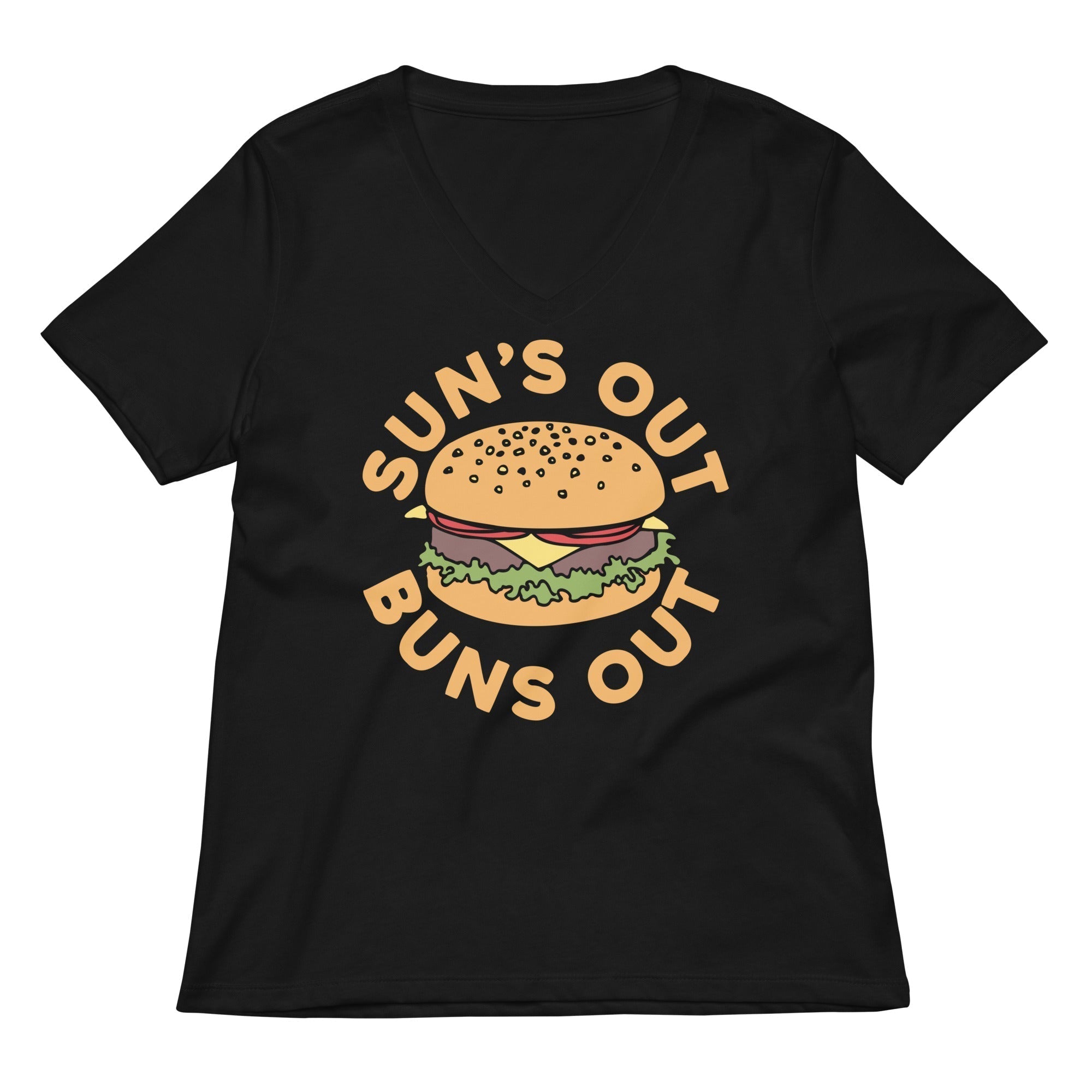 Sun's Out Buns Out Women's V-Neck Tee Hoodie, Sweatshirt | CoreVibeTees.com (Image 1)