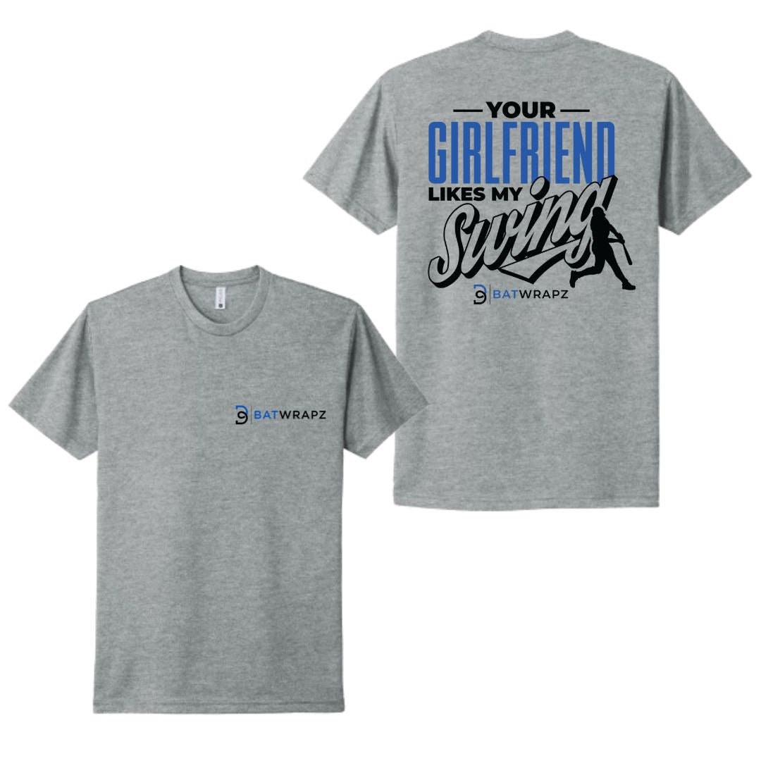 BatWrapz "Your Girlfriend Likes My Swing" Adult Tee - Heather Gray Hoodie, Sweatshirt | CoreVibeTees.com (Image 1)