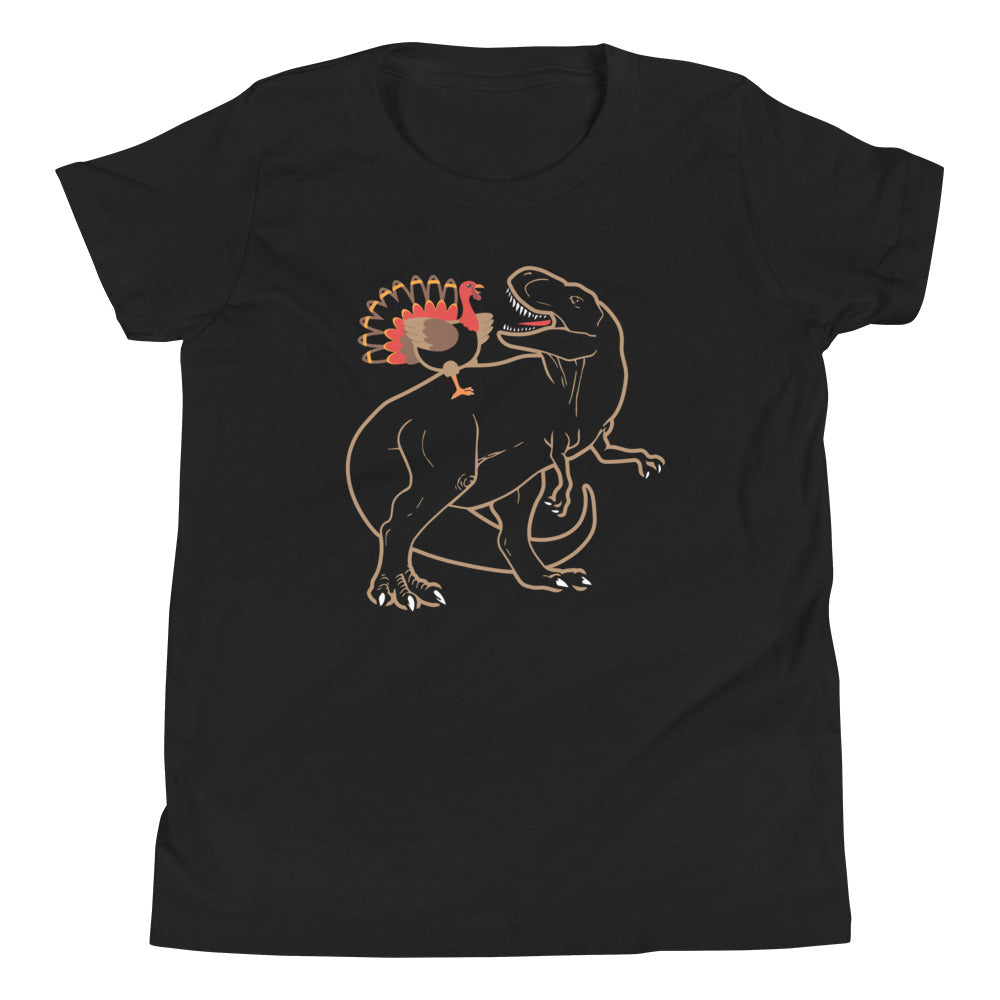 Turkey Riding T-Rex Kid's Youth Tee Hoodie, Sweatshirt | CoreVibeTees.com (Image 1)